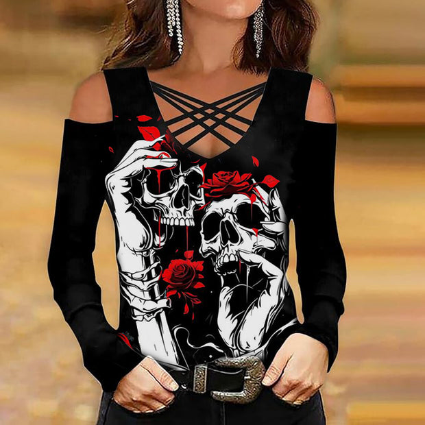 Rose – Langärmliges T-Shirt mit Totenkopf-Print und Kreuz