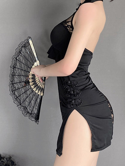 Sexy Cutout See-through Printed Cheongsam Uniform Skirt Suit