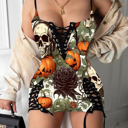 Vintage Halloween Skulls Pumpkin Print V-neck Eyelet Lace-up Suspension Dress