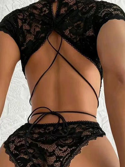 Sexy Lace See-through Hollow Short Sleeve Jumpsuit