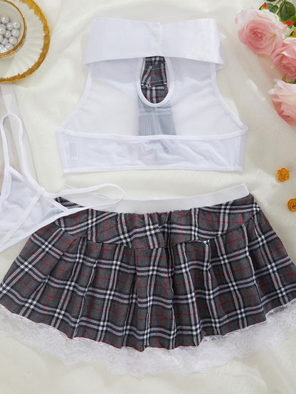 Sexy Uniform Mesh Stitching Plaid Tie Skirt Outfit