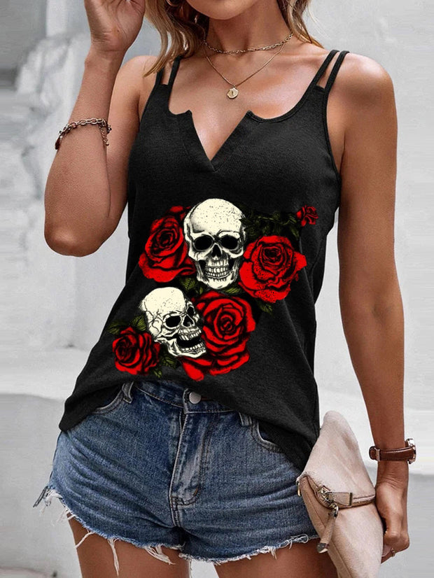 Rose Skull Print V-neck Sling Vest