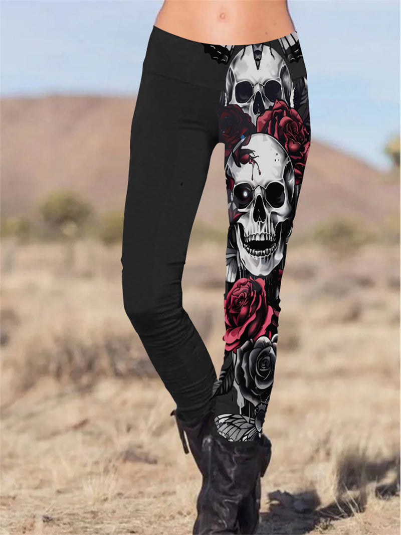 Gothic Red Rose Skull Printed Slim Fit Pants