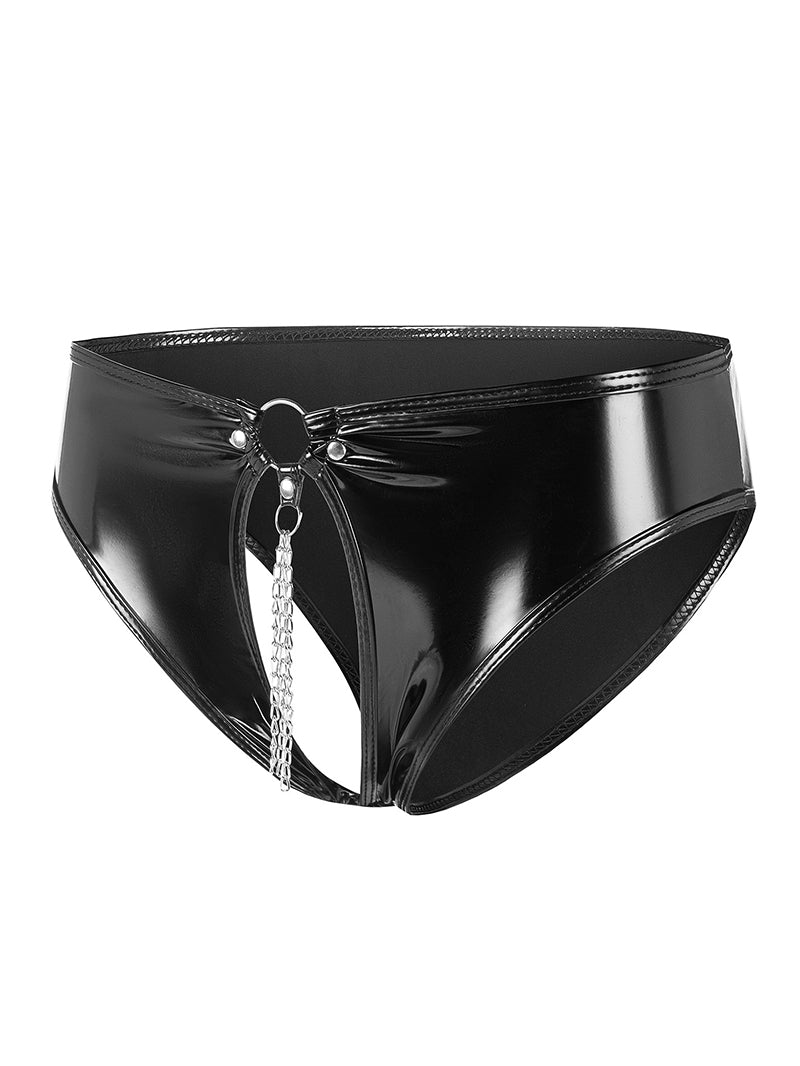 Sexy Patent Leather Hollow-out Pendant Chain Briefs