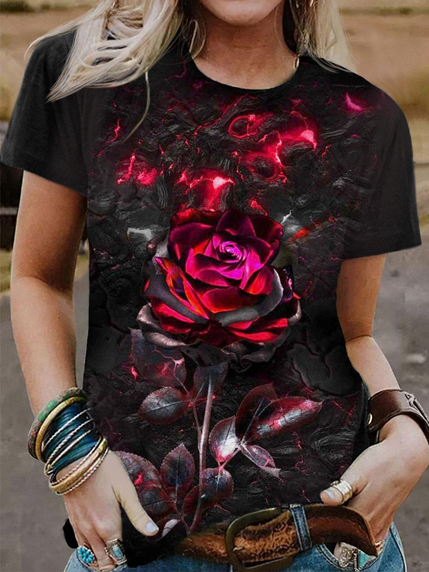 T-shirt gothique à manches courtes et imprimé roses