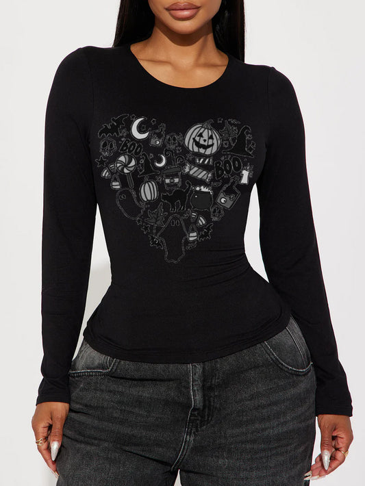 Doodle Halloween Print round Neck Long Sleeve T-shirt