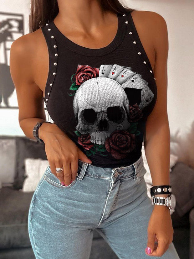 Gothic Poker Rose Printed Metal Beads Knited Bottomming Vest