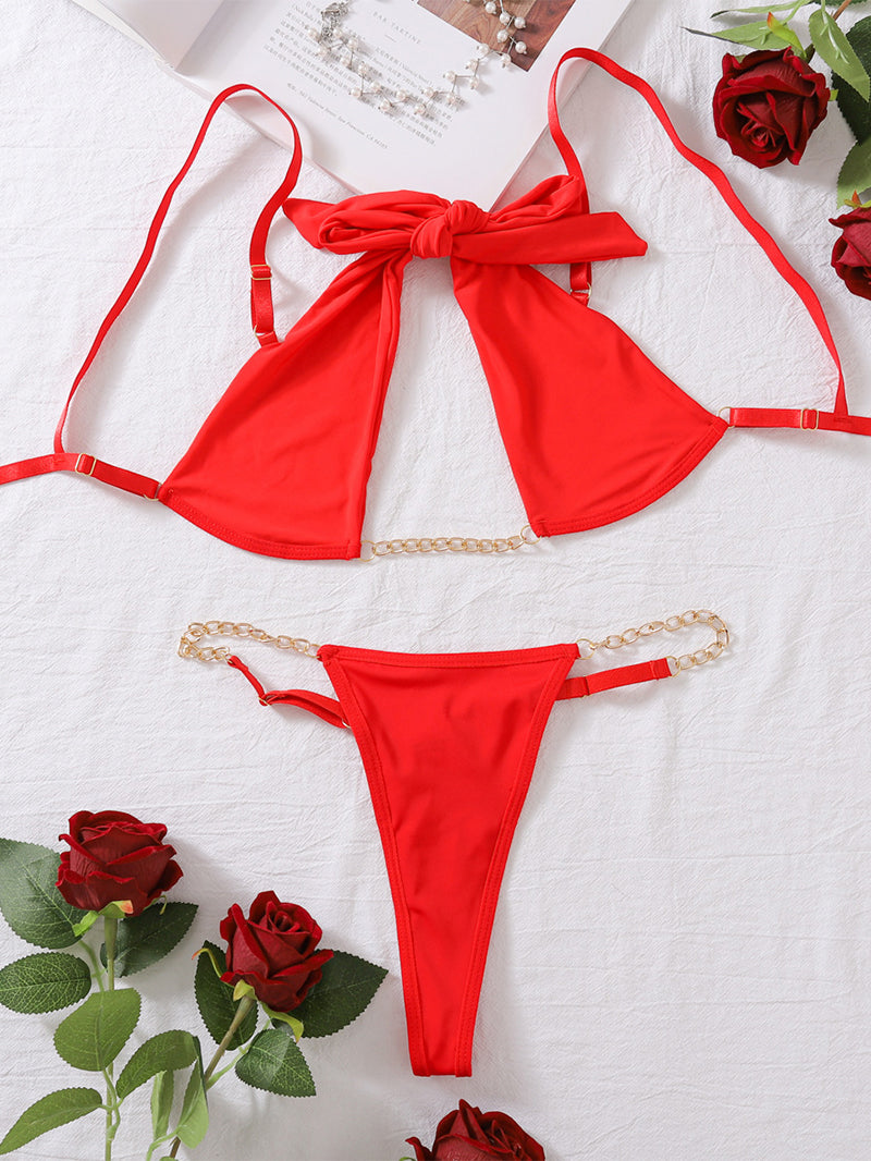 Sexy Chain Strap Bow Hollow Bra Set