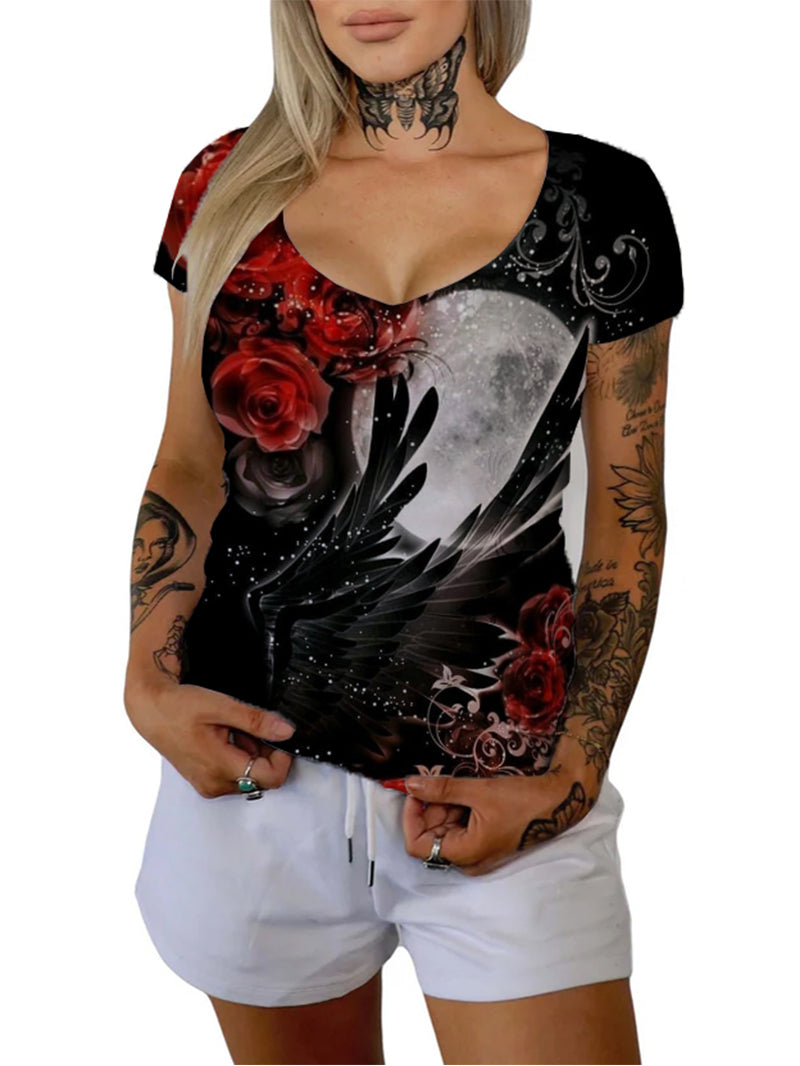 Women's Moonlight Black Wings Rose Printed Casual T-shirt