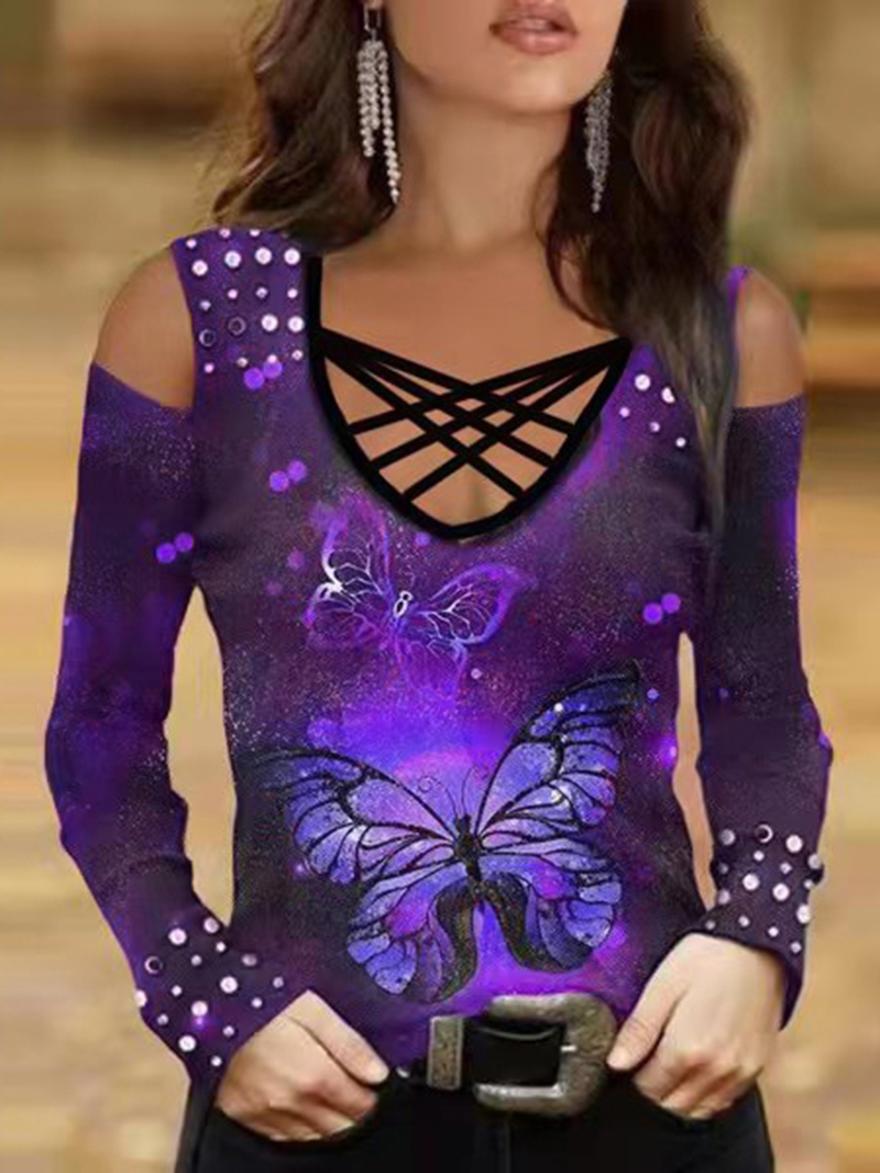 Cross Neck Long Sleeve Butterfly Print T-Shirt