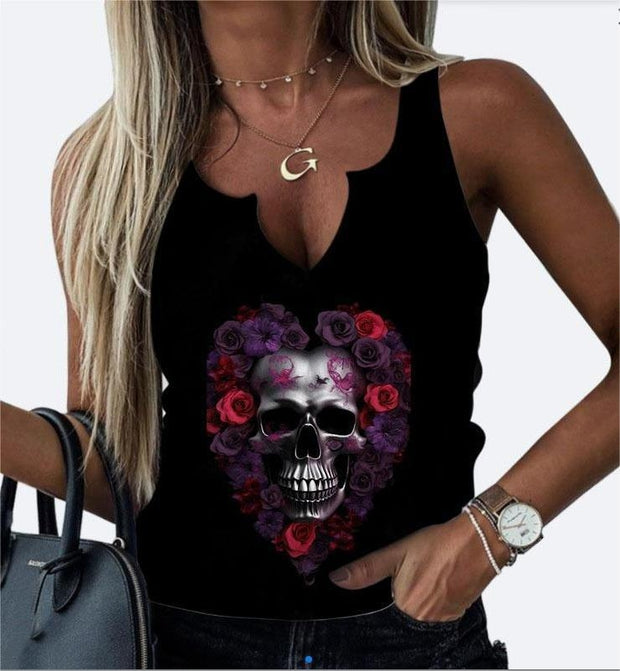 Gothic Style Skull With Roses Printed Sexy round Neck V-neck I-Shaped Vest