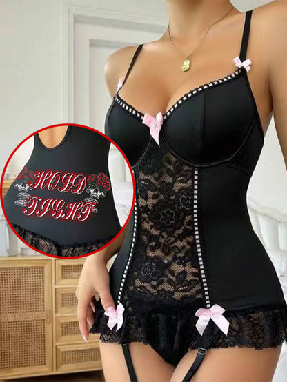 Sexy Gothic Skull Rose Lace Strap Tight One-Piece Nightdress