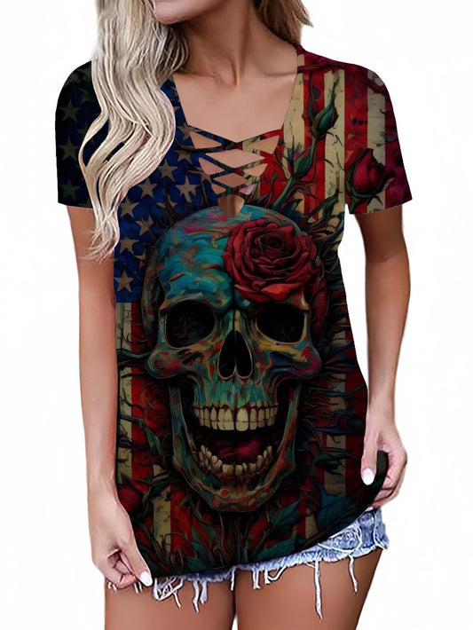 Flag Skull Printed Sexy V-neck Hollow T-shirt