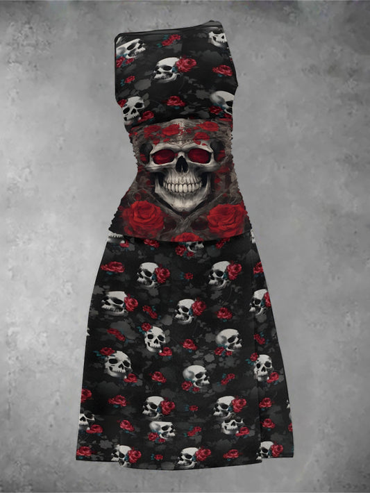 Red Rose Skull Stitching Tight Vest Dress