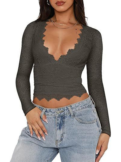 Sexy Women's Lace Hollow V-neck Knitted Long Sleeves