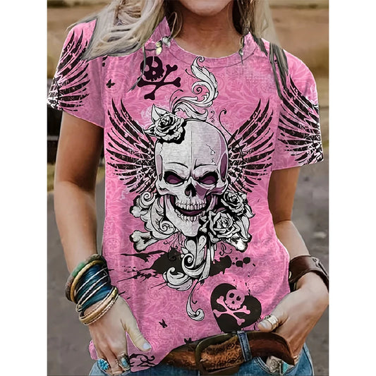 T-shirt à manches courtes et imprimé floral tête de mort 