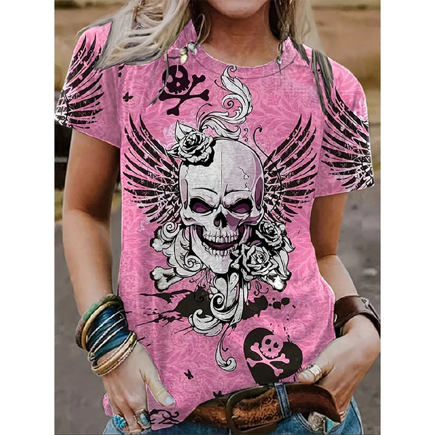 Kurzärmliges T-Shirt mit Totenkopf-Blumendruck 