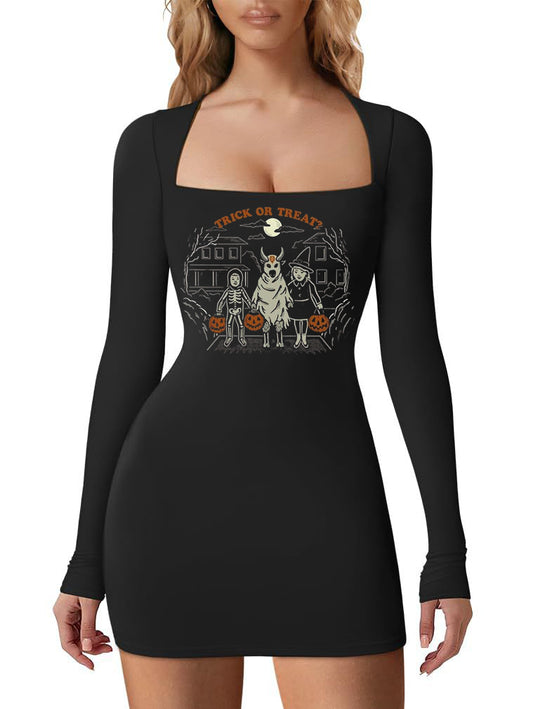 Trick Treat Halloween Printed Square Collar Long Sleeve Dress