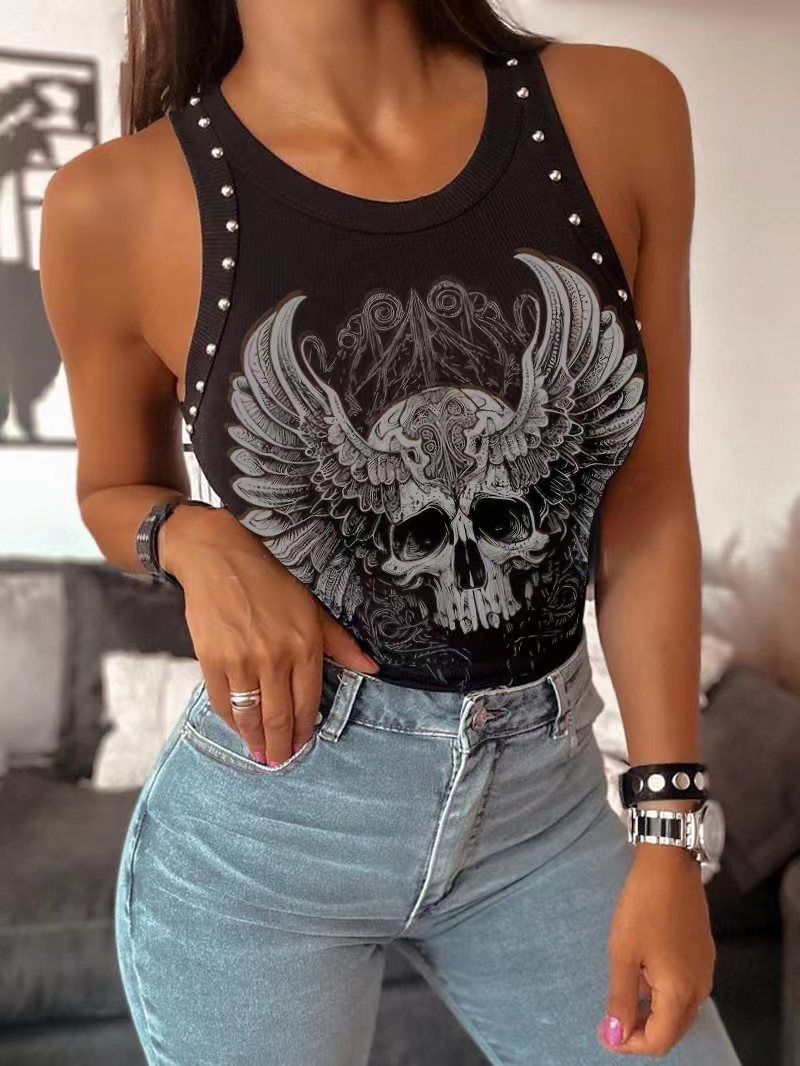 Gothic Skull Printed Metal Hats Knitted Bottomming Vest