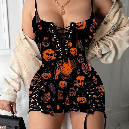 Halloween Print V-neck Eyelet Lace-up Suspension Dress