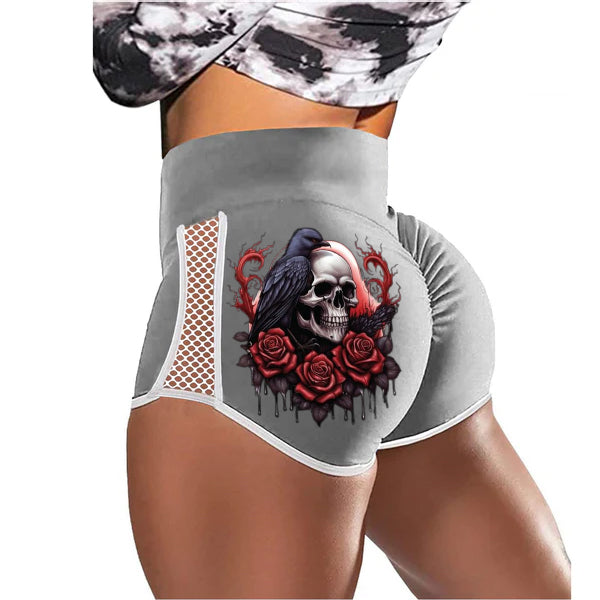 Crow Skull Rose Low-Rise Track Shorts