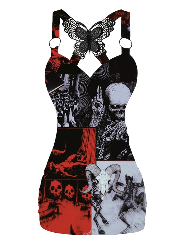 Gothic Horror Red Skull Printed V-neck Sexy Butterfly Back Dress