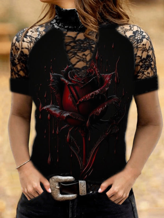 Lace Sexy Blooddropping Rose Printed Top