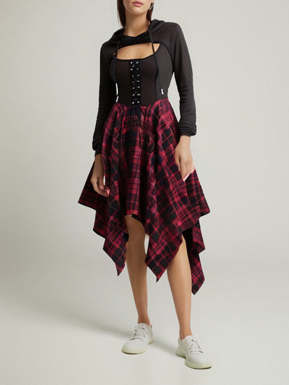 Halloween Gothic Style Hoodie With Drawstrings Hollow Plaid Stitching Dress