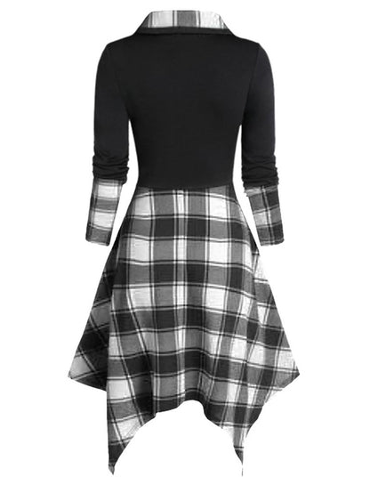 Women's Clothing Overlap Lapel Single Breasted Plaid Stitching Dress