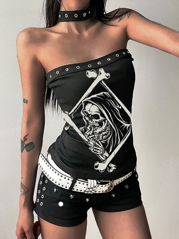 Smoking Death Skull Print Sexy Tube Top Halter Strap Vest