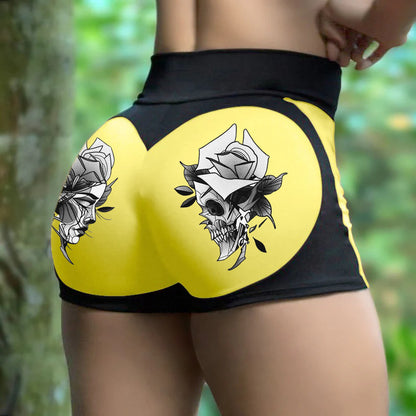 Eye-to-Eye Couple Skull Head Print Contrast Color Sports Shorts