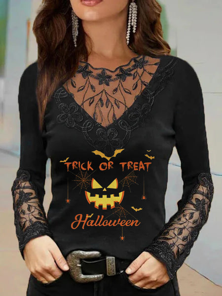 Trick or Treat Halloween Print Sexy Deep V Lace Neck Long Sleep T-Shirt