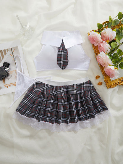 Sexy Uniform Mesh Stitching Plaid Tie Skirt Outfit