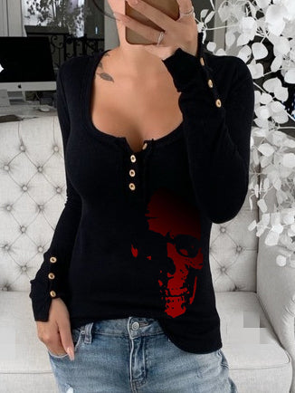 Horror Red Smile Skull Print Long Sleeve Button Tops