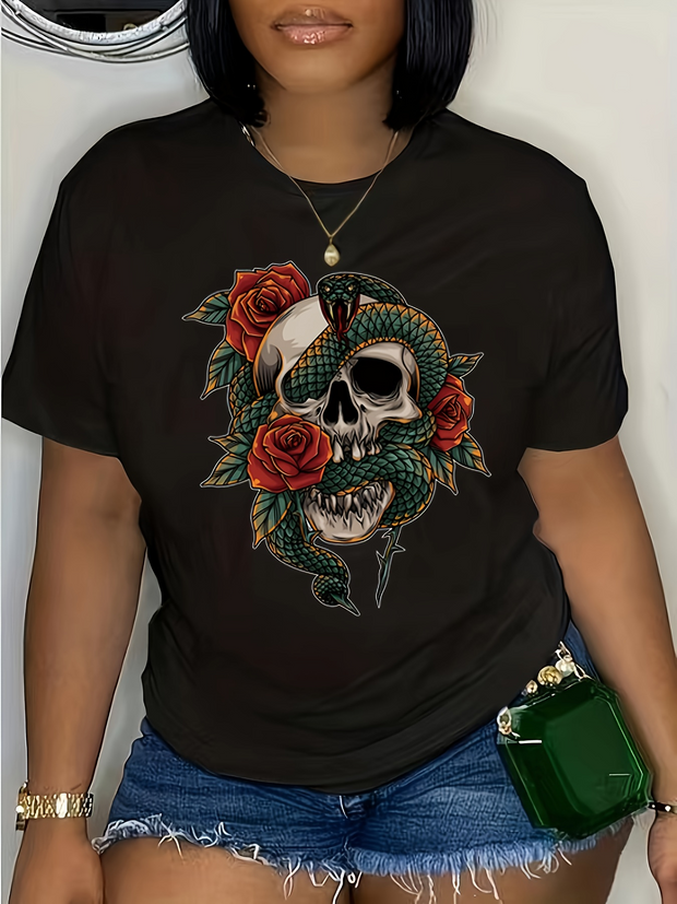 Kurzärmliges T-Shirt mit Gothic-Schlangen-Rosen-Totenkopf-Print 