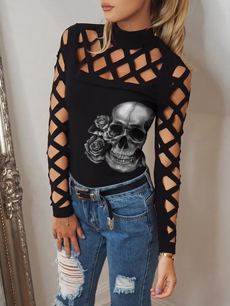 Women's Skull Print Burnt Flower Hollow-out T-shirt Long Sleeve Top