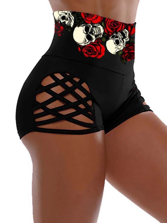 Skulls Rose Printed Sexy Skinny Hollow-out Shorts