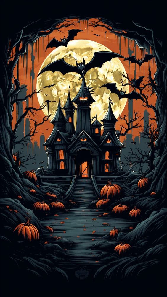 Halloween Women's Pumpkin Lamp Vine Castle Printed Floating Satin T-shirt