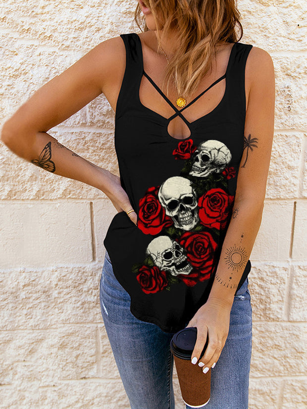 Skull & Rose Print Cross Sexy Sling Vest