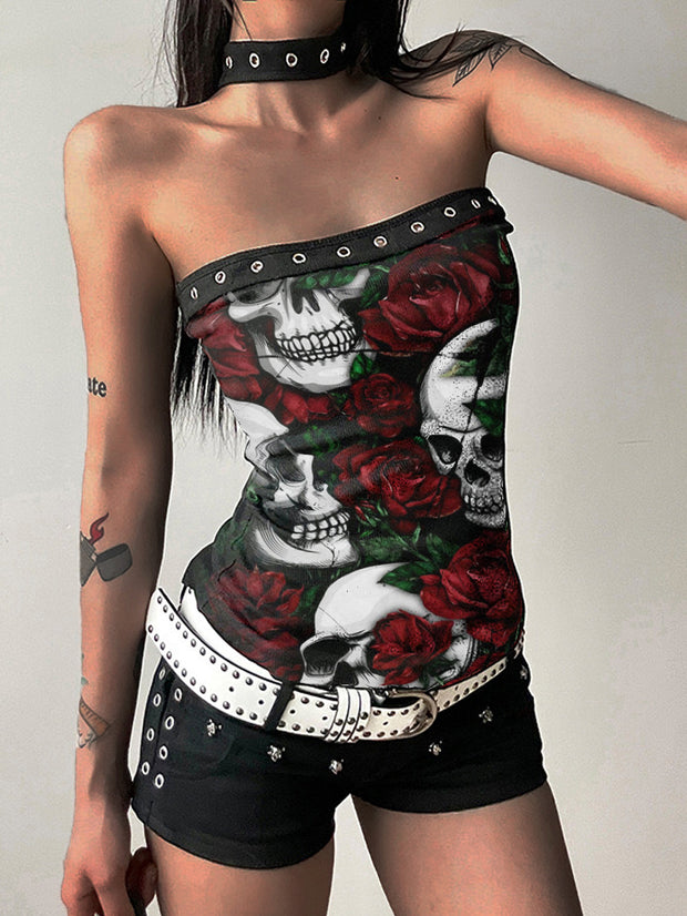 Gothic Rose Skull Sexy Tube Top Halter Strap Vest