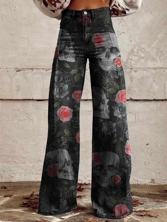 Spider Web Gradient Rose Skull Print Wide-Leg Pants