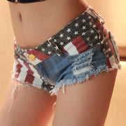 Sexy American Flag Printed Ripped Low Waist Denim Shorts