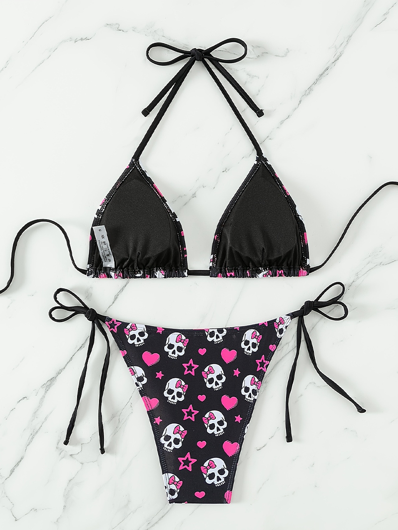 Rückenfreier sexy Bikini mit Totenkopf-Spinnen-Print 