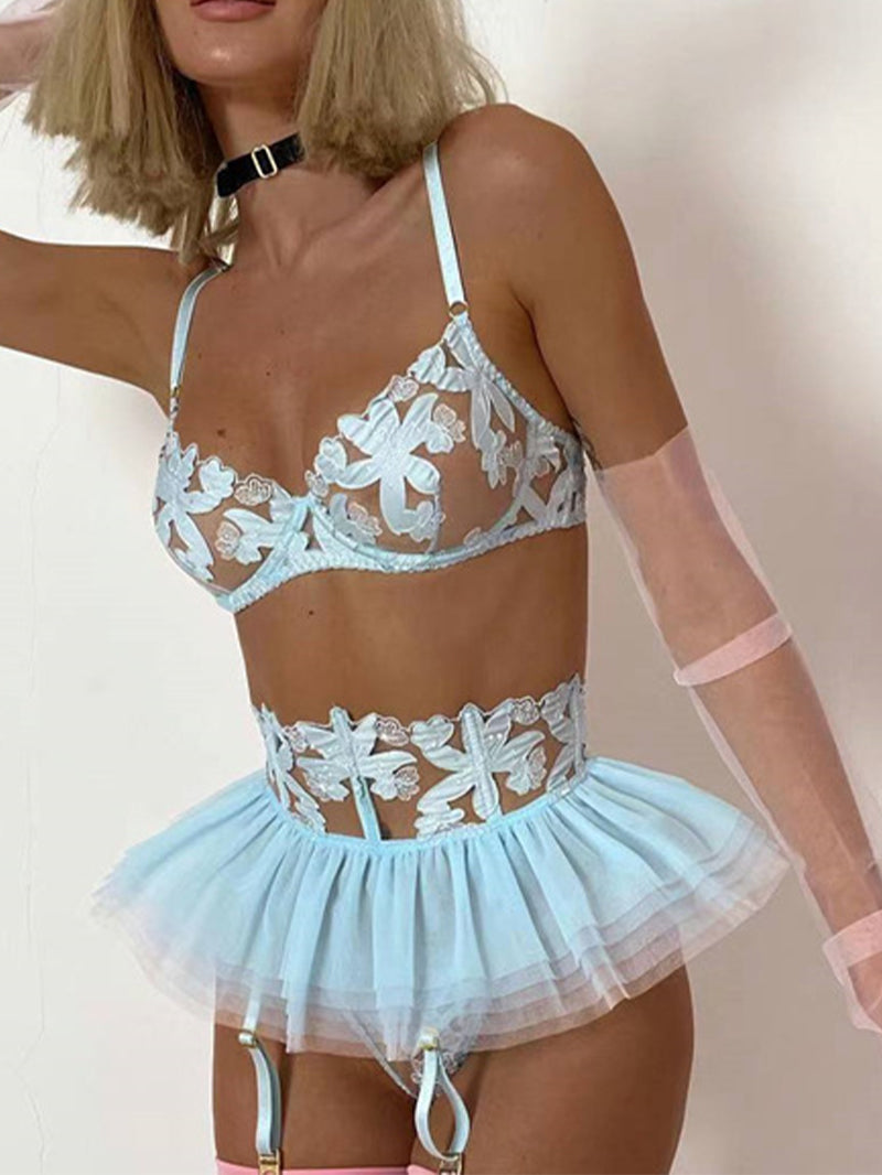 Sexy Small Skirt Embroidered Bra Garter Underwear Suit