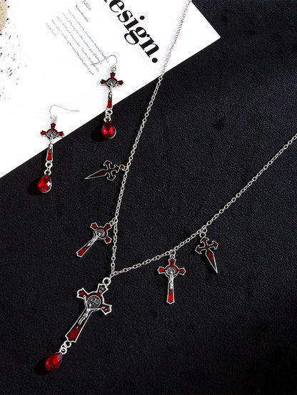 Halloween Gothic Water Drop Bat Cross Earrings and Necklace Set