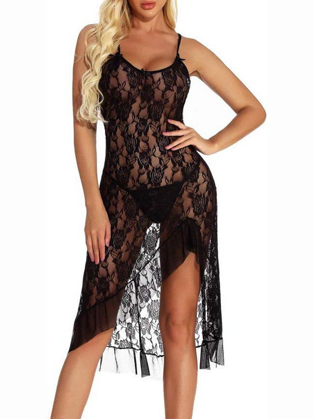 Sexy Mesh Lace Rose See-through Dress
