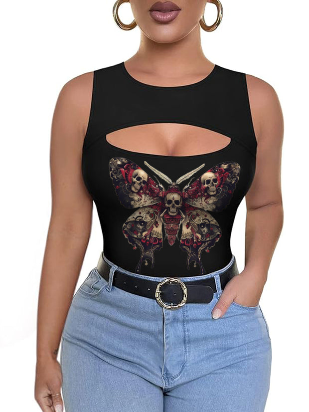 Butterfly Skull Printed Sexy round Neck Hollow Vest