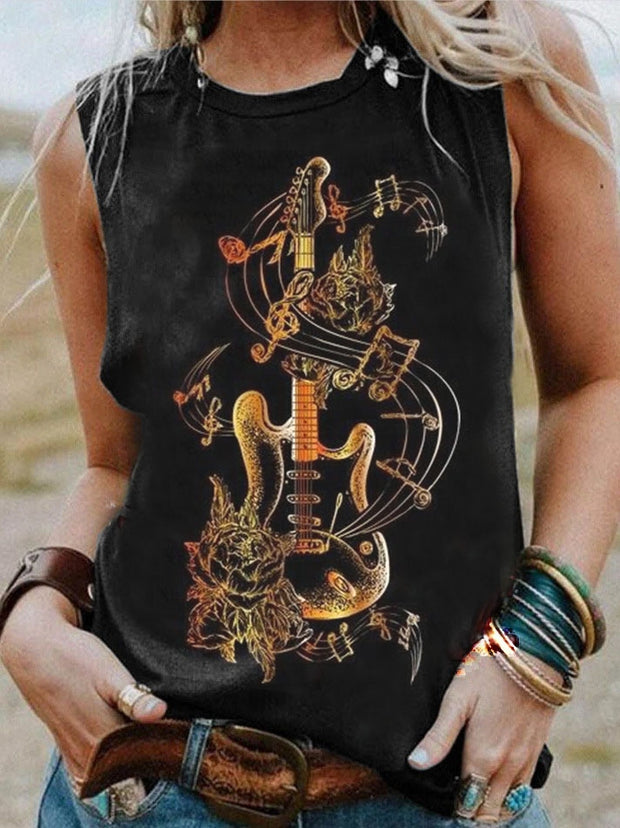 Guitar Tattoo Music Notes Rock Roll Print Casual Vest