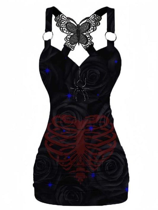 Goth Rib Love Heart Black Rose Printed Back Butterfly Camisole