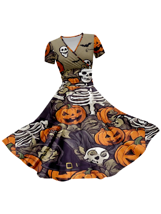 Halloween Skull Pumpkin Printed V Neck Short Sleeve Long Dress